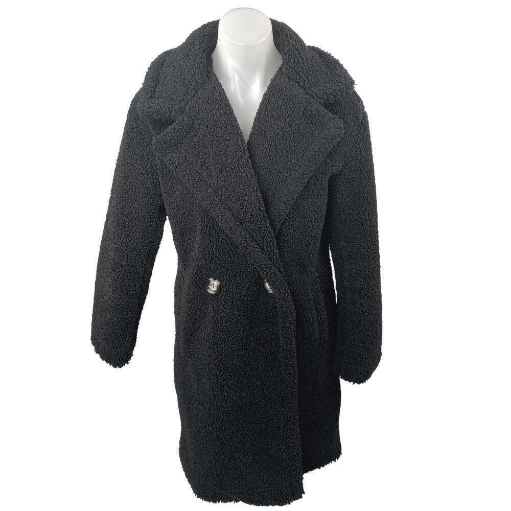 Apparis Women's Black Sherpa Fleece Double Breasted Teddy Trench Coat Jacket XS